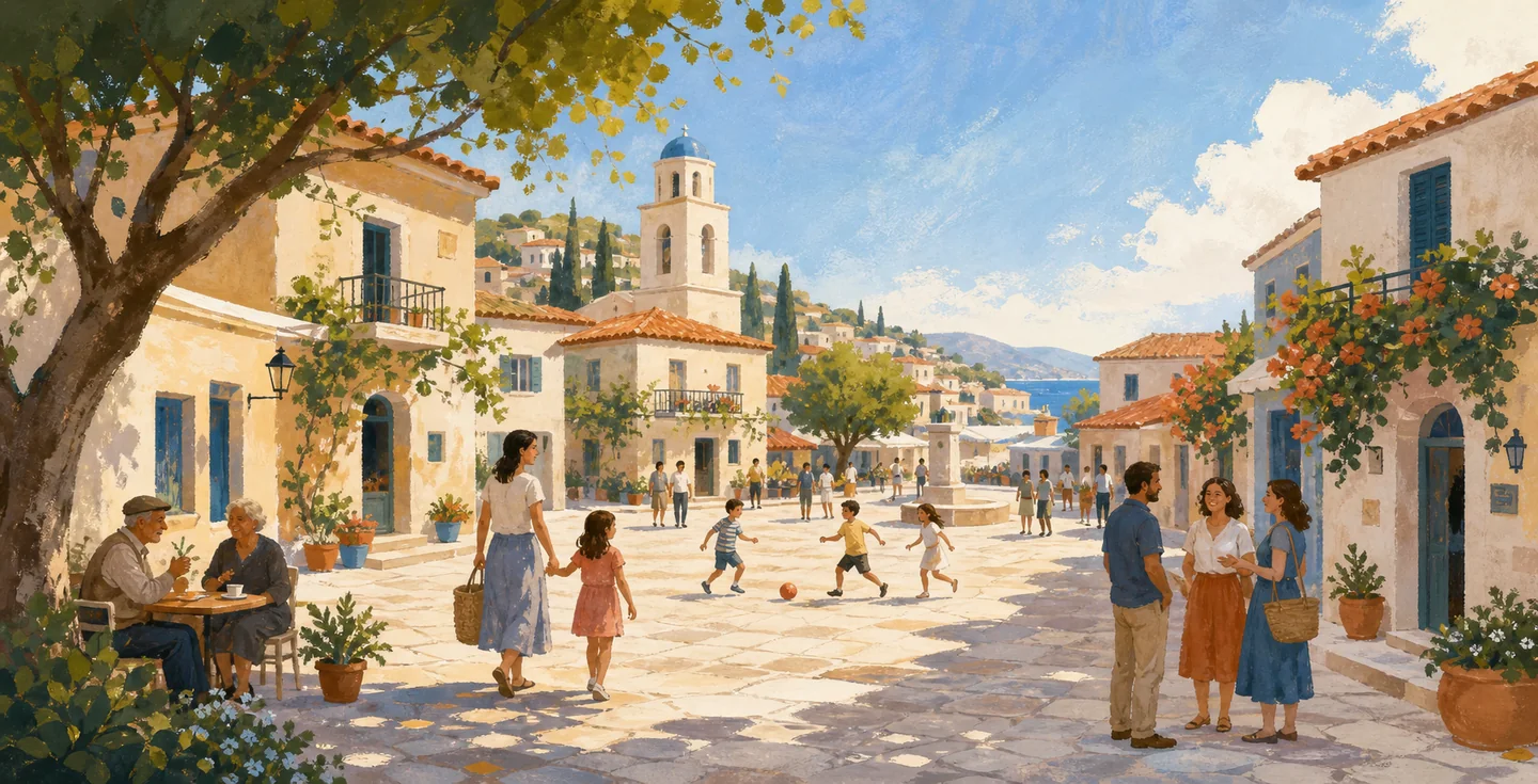 Εικονογράφηση μιας ζωντανής ελληνικής γειτονιάς με οικογένειες και παιδιά